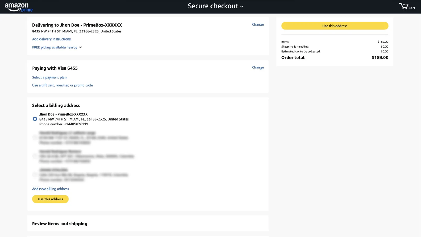 Pantalla de checkout de Amazon con dirección de Miami seleccionada