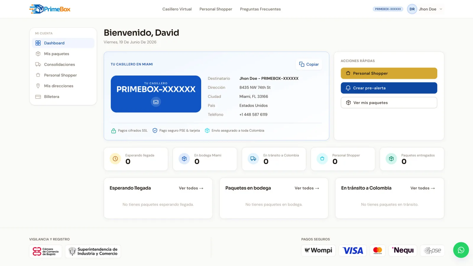 Ejemplo de dirección de casillero virtual en Miami con código PrimeBox